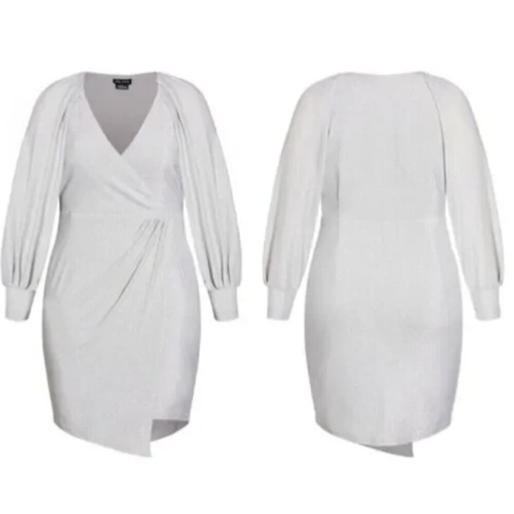 NWT City Chic Party Light Metallic Silver Faux Wrap Dress Stretch - Picture 3 of 11